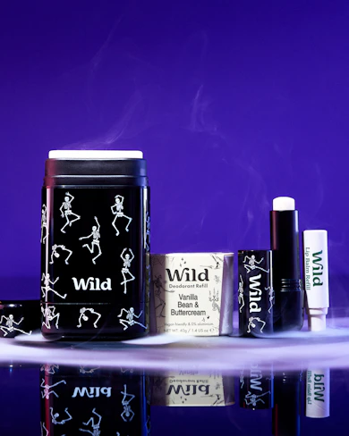 1 Dancing Skeletons Stick Deodorant Case, 1 Vanilla Bean & Buttercream Stick Deodorant Refill, 1 Dancing Skeletons Lip balm Case & 1 Vanilla Frost Lip Balm Refill