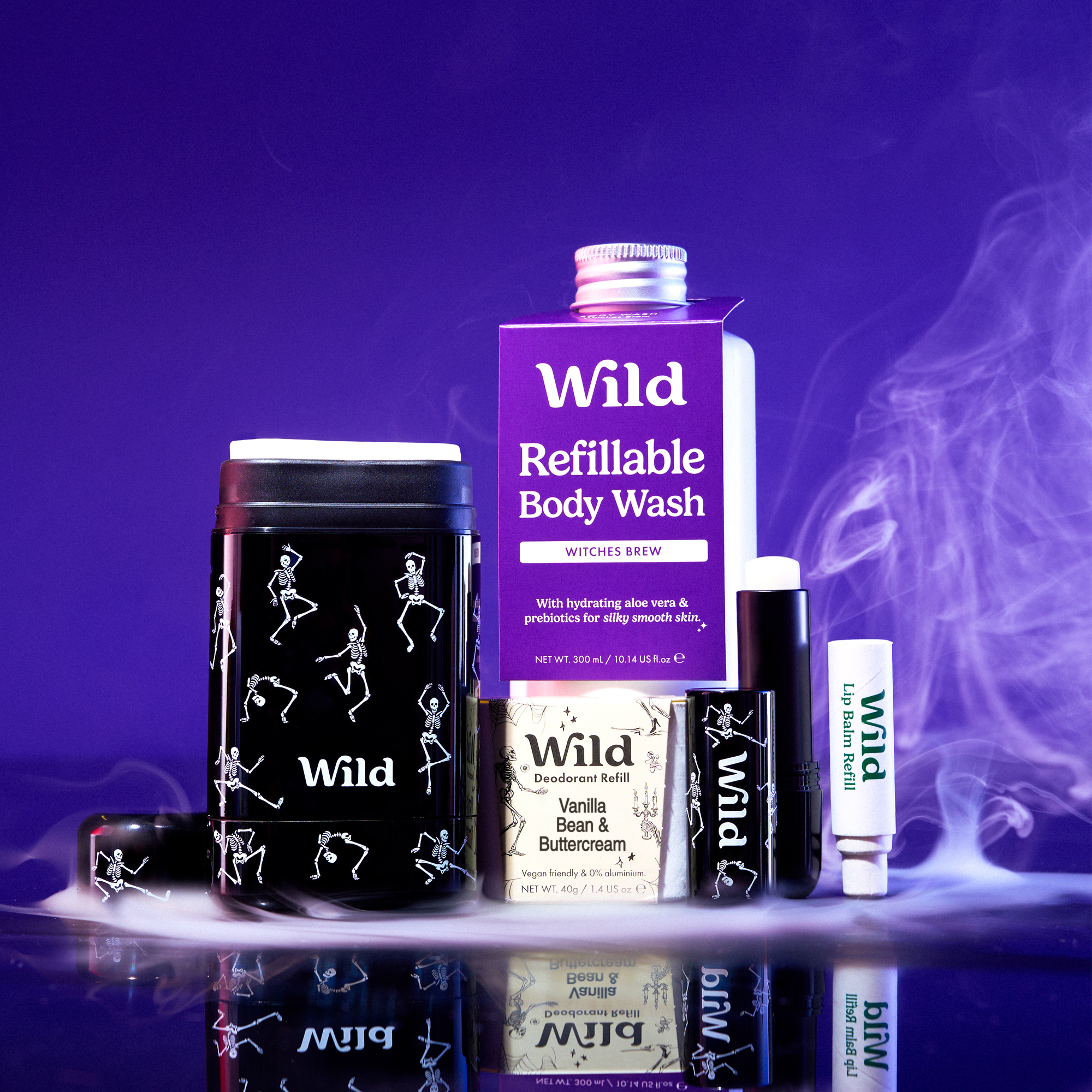 1 Dancing Skeletons Stick Deodorant Case, 1 Vanilla Bean & Buttercream Stick Deodorant Refill, 1 Dancing Skeletons Lip balm Case , 1 Vanilla Frost Lip Balm Refill & 1 Witches Brew Body Wash Refill