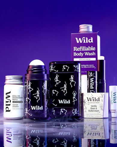 1 Dancing Skeletons Stick Deodorant Case, 1 Vanilla Bean & Buttercream Stick Deodorant Refill, 1 Dancing Skeletons Roll On Case, 1 Vanilla Voodoo Antiperspirant Refill, 1 Dancing Skeletons Lip balm Case, 1 Vanilla Frost Lip Balm Refill & 1 Witches Brew Body Wash Refill