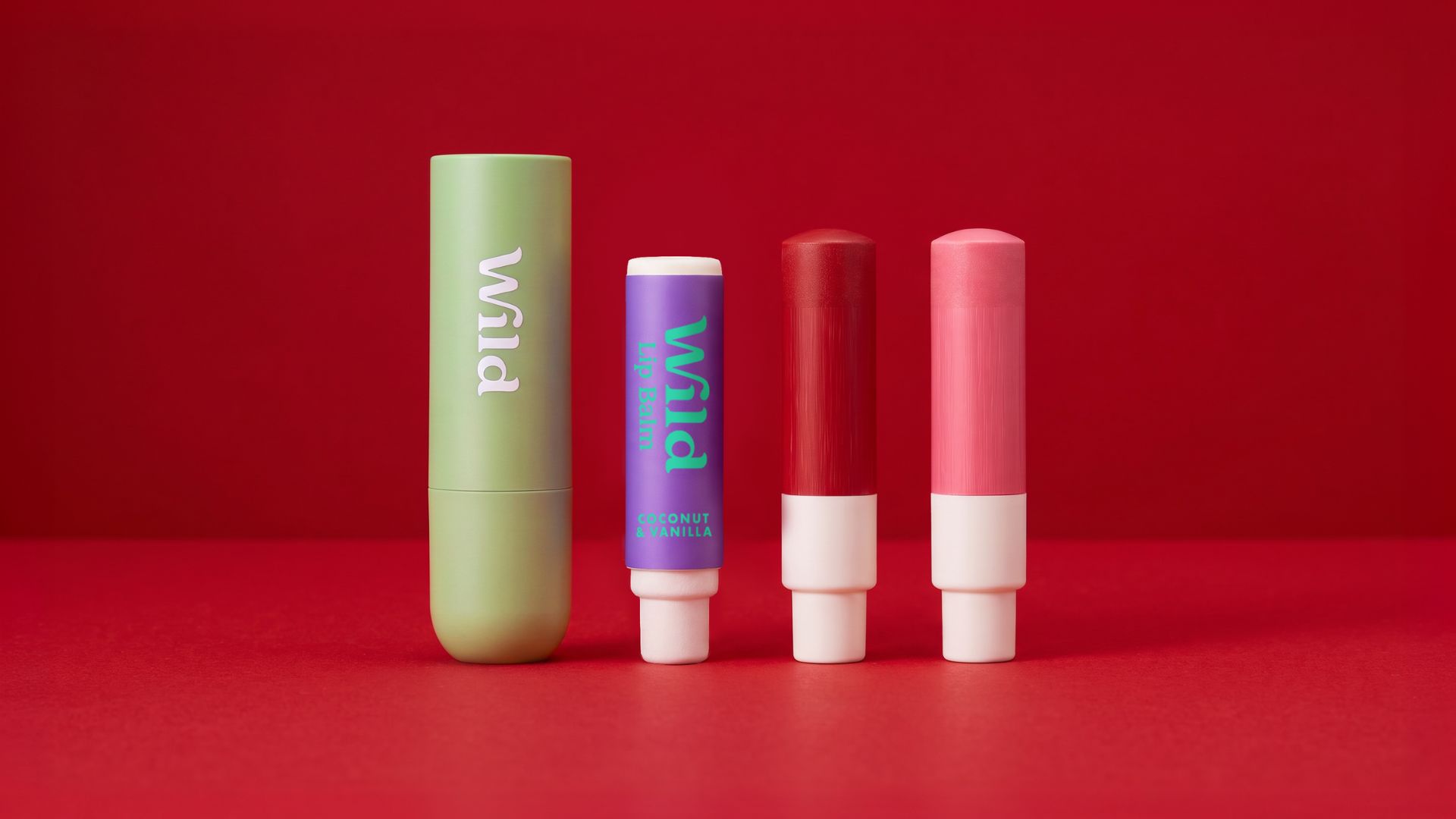 1 Sage Green Lip Balm Case, 1 Deep Red Tinted Lip Balm Refill, 1 Blush Pink Tinted Lip Balm Refill, 1 Coconut & Vanilla Lip Balm Refill